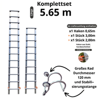 Dachleiter aus Aluminium mit New Hook 65 – Komplettset 5,65 m in 3 Teilen (Haken + 3 m + 2 m)