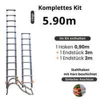 Dachleiter aus Aluminium mit Haken – Komplettset 5,90 m in 3 Teilen (Haken + 3 m + 2 m)