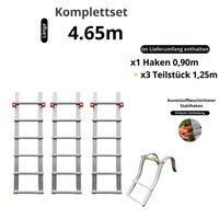 Dachleiter komplett aus Aluminium mit Haken – Set 4,65 m in 4 Teilen (Haken + 3 × 1,25 m)