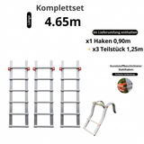 Aluminium-Dachleiter mit Haken – Komplettset 4,65 m, 4-teilig (Haken + 3 × 1,25 m)