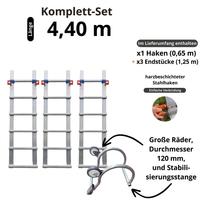 Aluminium-Dachleiter mit Haken – Komplettset 4,40 m New Hook 65 in 4 Teilen (Haken + 3 × 1,25 m)