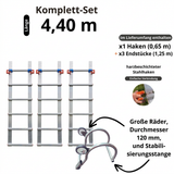 Aluminium-Dachleiter mit Haken – Komplettset 4,40 m New Hook 65 in 4 Teilen (Haken + 3 × 1,25 m)