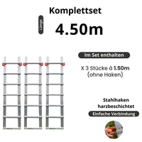Aluminium-Dachleiter ohne Haken - Komplettset 4,50 m in 3 Teilen (3 x 1,50 m)