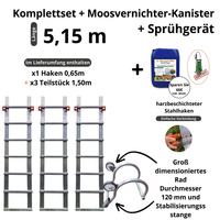 Aluminium-Dachleiter mit Haken – Komplettset 5,15 m New Hook 65 (Haken + 3 × 1,50 m) + D-Mousse (Sprüher gratis)