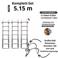 Dachleiter aus Aluminium mit New Hook 65 – Komplettset 5,15 m in 4 Teilen (Haken + 3 x 1,50 m)