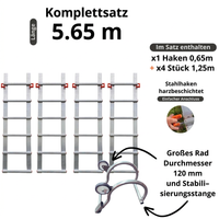 Dachleiter aus Aluminium mit New Hook 65 – Komplettset 5,65 m in 5 Teilen (Haken + 4 x 1,25 m)
