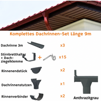 Dachrinnen-Komplettset 9 m für eine Dachseite / Stahl / Abwicklung 250