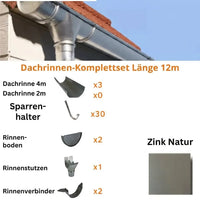 Dachrinnen-Komplettset 12 m 1 Dachseite / Naturzink nahtlos / Entwicklung 250 mm
