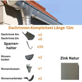 Dachrinnen-Komplettset 12 m 1 Dachseite / Naturzink nahtlos / Entwicklung 250 mm