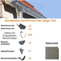 Dachrinnen-Komplettset 12 m 1 Dachseite / Naturzink nahtlos / Entwicklung 250 mm