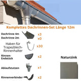 Dachrinnen-Komplettset 12 m 1 Dachseite / Naturzink nahtlos / Entwicklung 250 mm