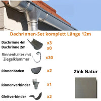 Dachrinnen-Komplettset 12 m 1 Dachseite / Naturzink nahtlos / Entwicklung 250 mm