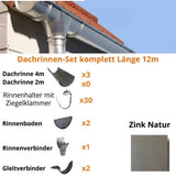 Dachrinnen-Komplettset 12 m 1 Dachseite / Naturzink nahtlos / Entwicklung 250 mm