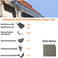 Dachrinnen-Komplettset 12 m 1 Dachseite / Naturzink nahtlos / Entwicklung 250 mm