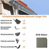 Dachrinnen-Komplettset 12 m 1 Dachseite / Naturzink nahtlos / Entwicklung 250 mm