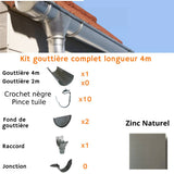 Dachrinnen-Komplettset 4 m – 1 Dachseite / Naturzink nahtlos / Entwicklung 330
