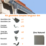 Dachrinnen-Komplettset 6 m 1 Dachseite / Naturzink nahtlos / Entwicklung 250 mm