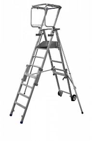 Escabeau télescopique norme bâtiment - plateforme hyper pliable offrant une belle hauteur de travail jusqu'à 3,72 m et un encombrement plié ultra réduit ; plateforme à 4 hauteurs; modèle TANDEM 7 PLIANT avec pieds réglables - Ami-hauteur.com